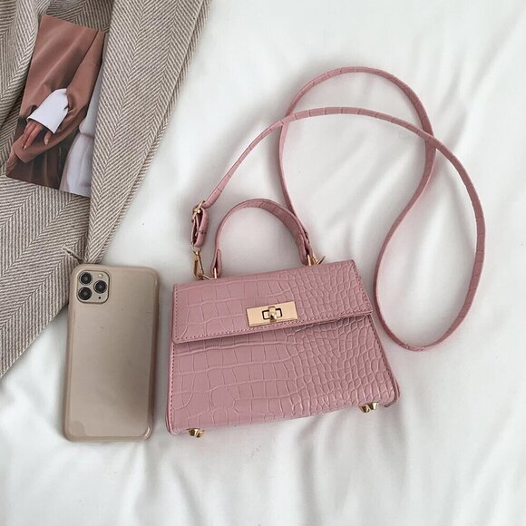 Pink Elegant Women's Mini Crocodile Embossed Twist Lock Flap Square Handbag - Picture 8 of 8